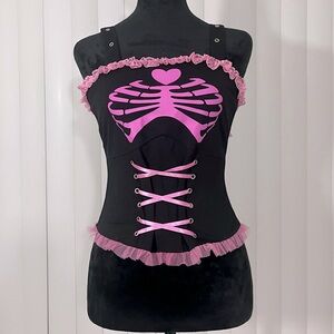 BERTHAUX Skeleton Corset Tank Top Lace Trim Adjustable Straps Black Pink S